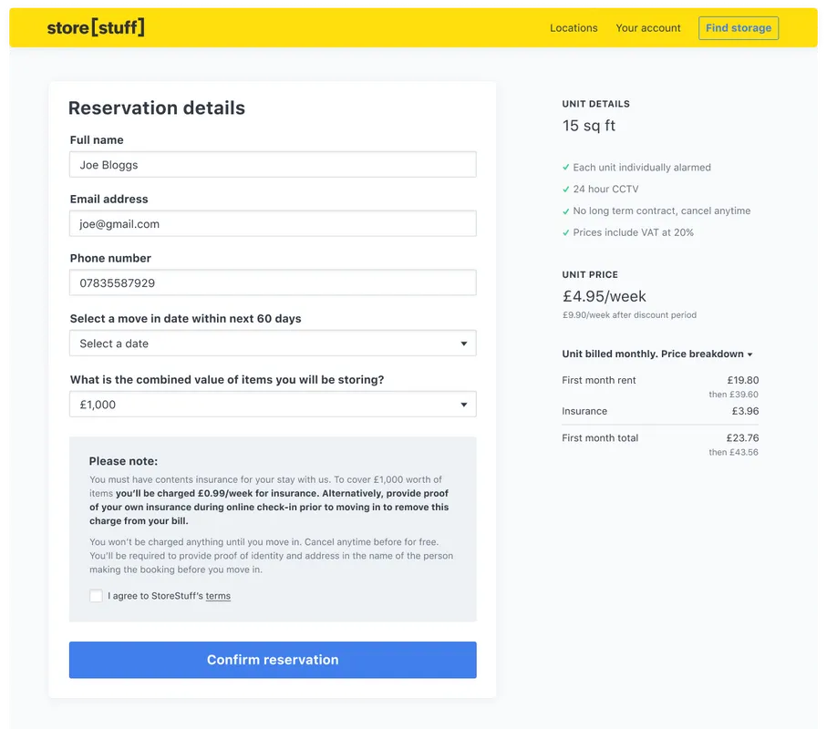 Stora booking form