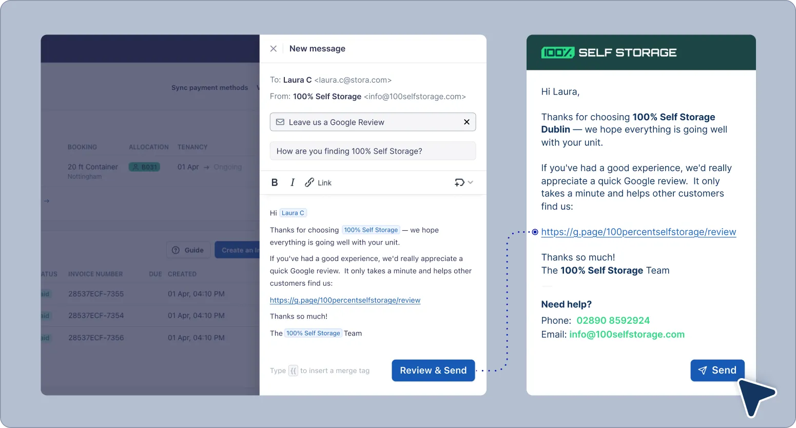 Composing a customer email in Stora with the merge-tag picker