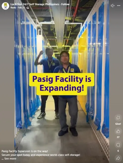 A social video post announcing that a storage facility is expanding, filmed in the unit corridors