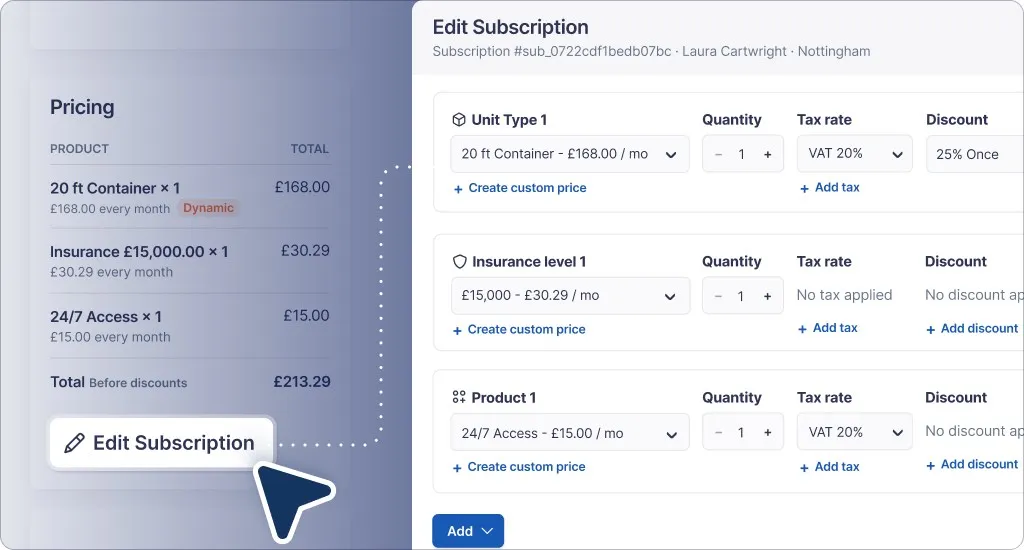 The Edit Subscription pricing editor, showing unit type, insurance and product line items with tax and discount controls