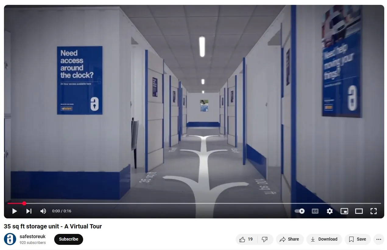 A YouTube virtual tour walking through a clean, brightly lit storage corridor