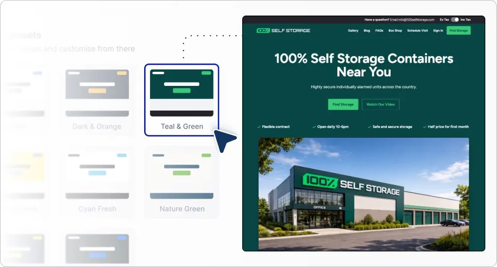 The Storefront theme picker with a Teal & Green preset selected and a live preview of the site