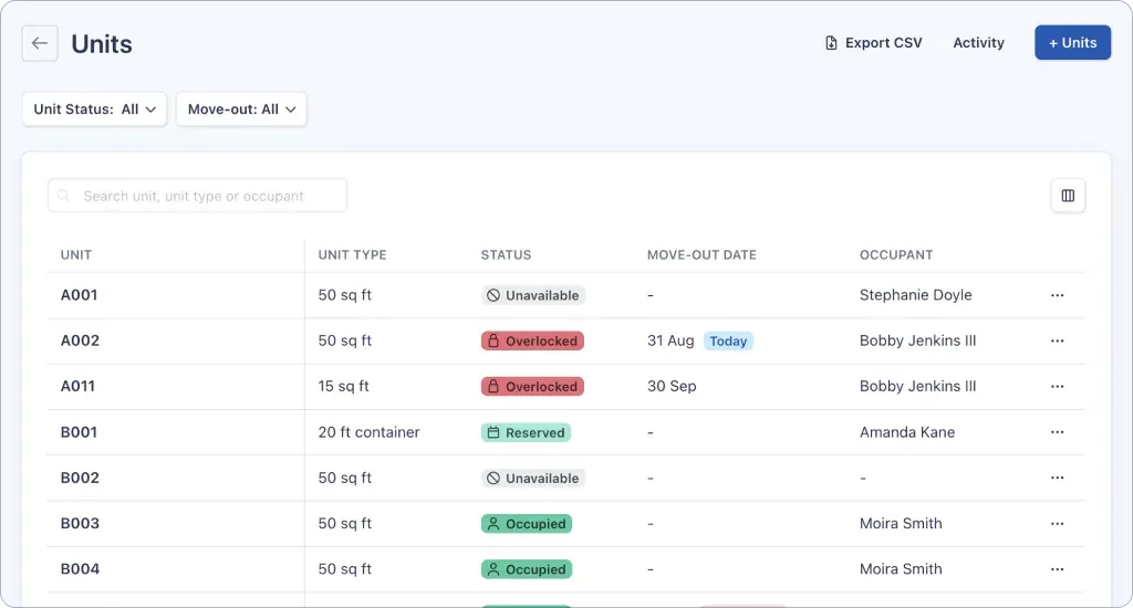 The Stora units page with a search box, a move-out date column and unit status and move-out filters