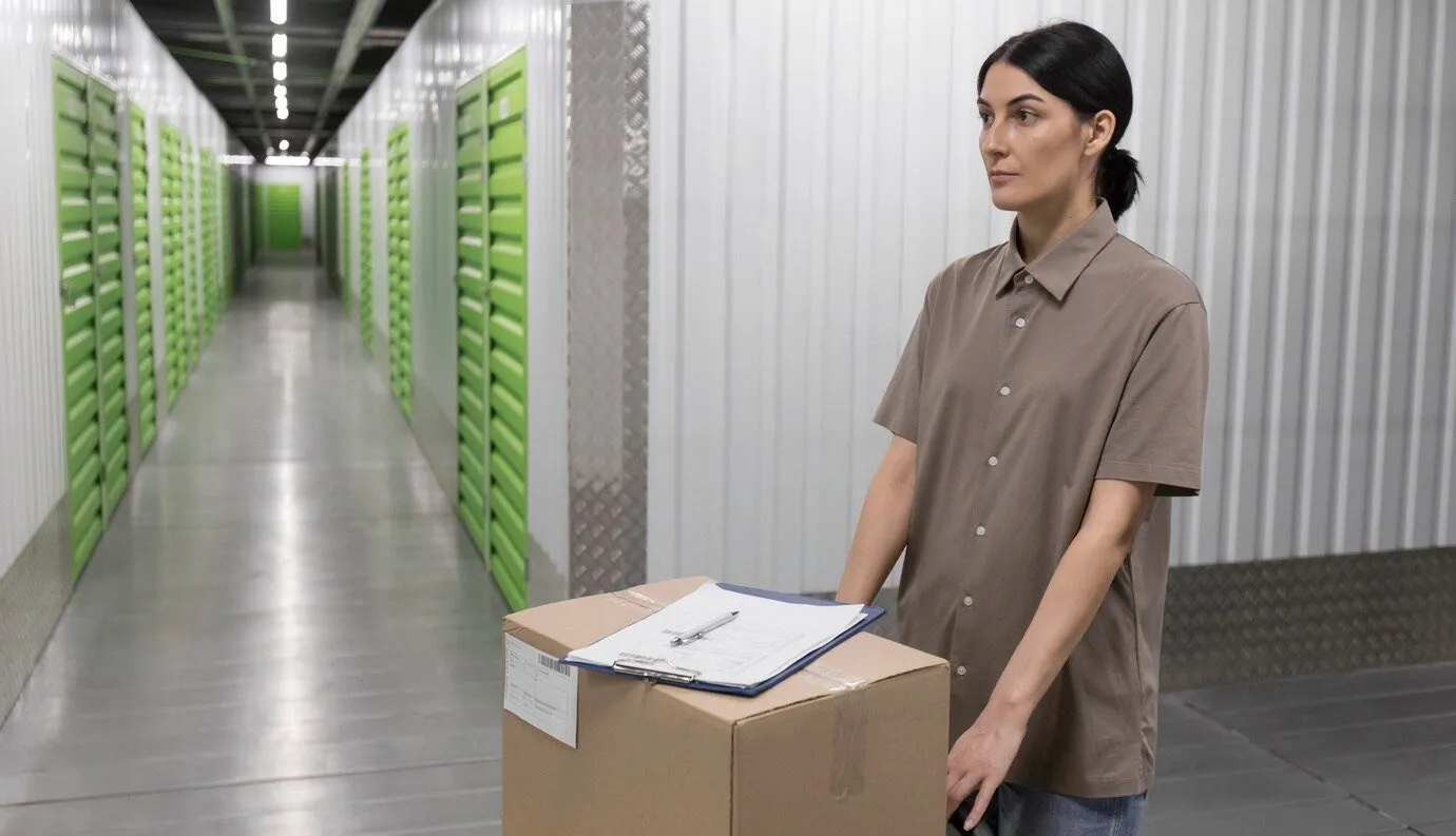 A woman carrying a cardboard box along a corridor of green storage units
